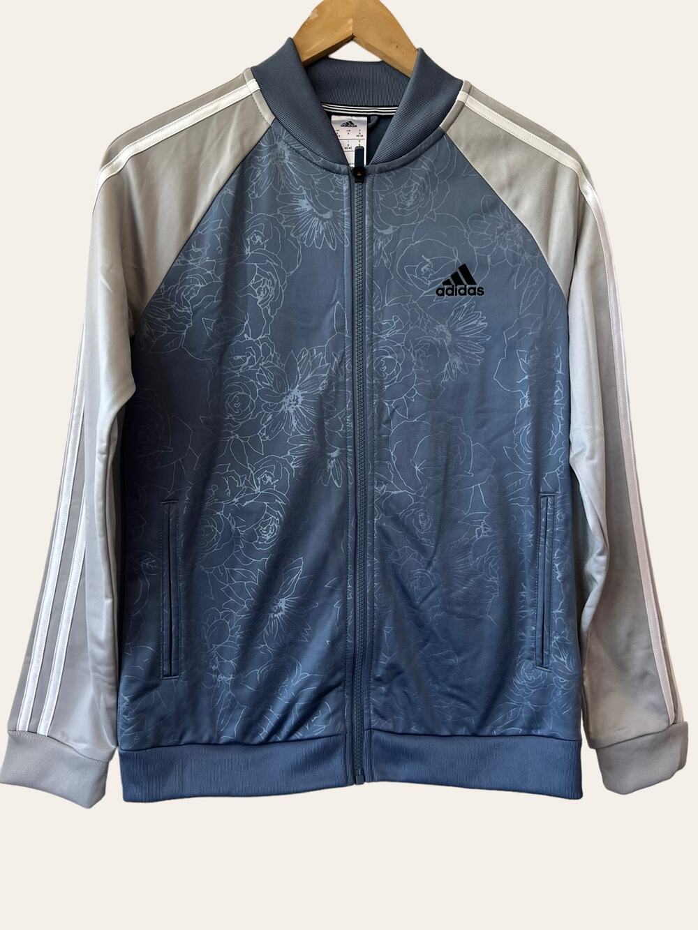 Adidas Floral Embossed Blue Zip Up Striped Sleeve Athletic Track Jacket Size S